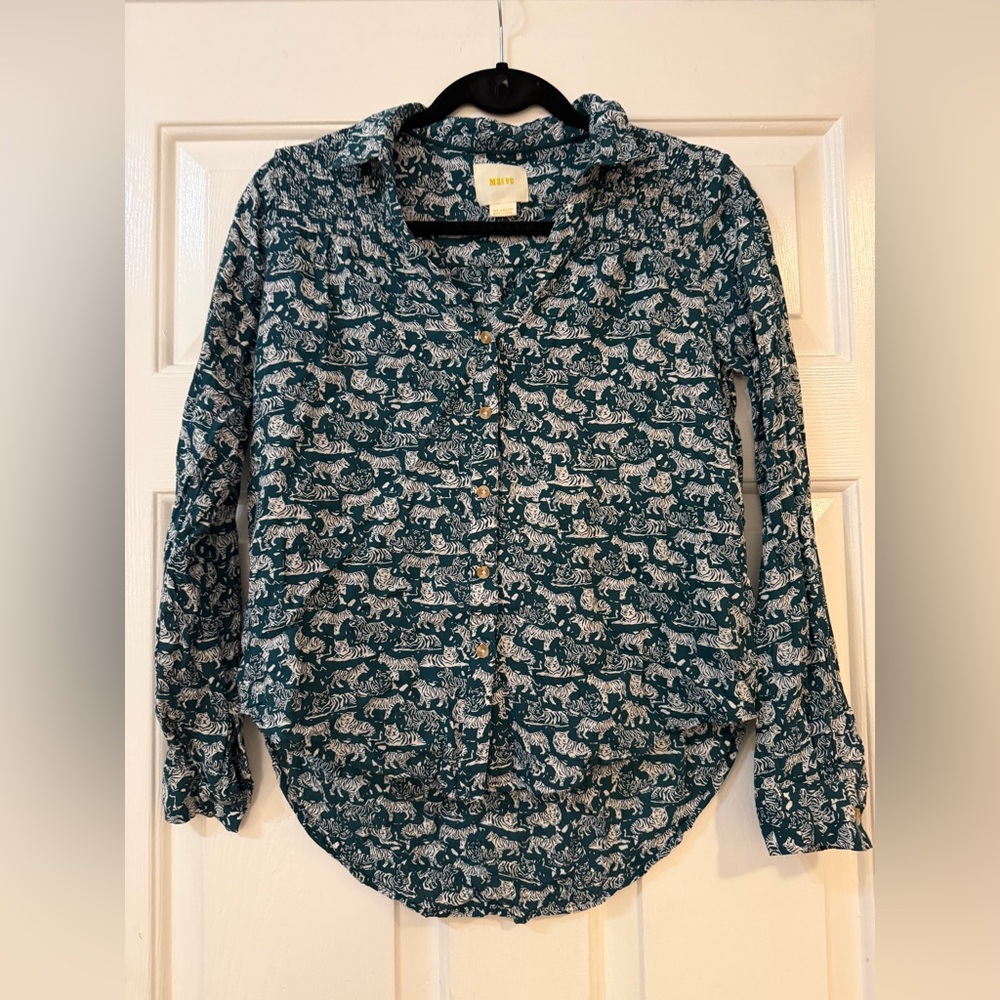 Maeve Anthropologie Emory Teal Tiger Print Button Front Blouse Top Size 2